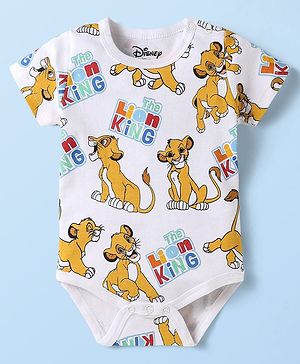 Babyhug Disney Cotton Knit Half Sleeves Onesies With The Lion King Print - White