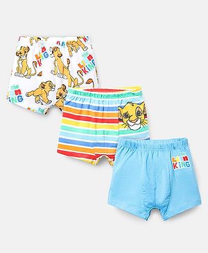 Babyhug Disney Cotton Knit Trunks With Stripes & Lion King Graphics Pack Of 3 - Light Blue White & Red