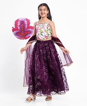 Pine Kids Woven Sleeveless Floral Printed & Embroidery Choli Lehenga Set with Dupatta & Sequin Detailing - Purple