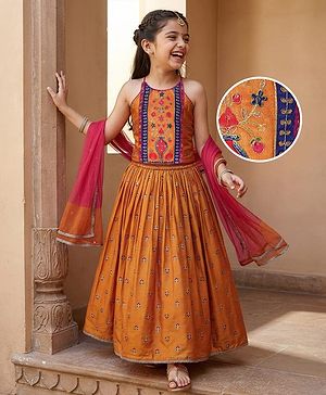 Pine Kids Woven Sleeveless Choli  Lehenga  Set & Dupatta with Floral Embroidery - Orange