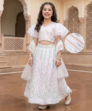 Pine Kids Woven Flutter Sleeves Choli  Lehenga  Set & Dupatta with Sequin Design - White