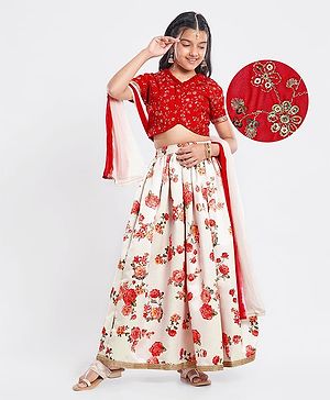 Pine Kids Woven Half Sleeves Choli  Lehenga Set & Dupatta with Floral Sequin Design & Print with Lace Detailing - White & Red