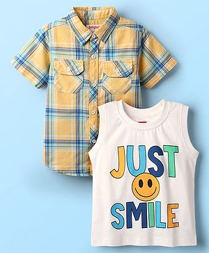 Babyhug 100% Cotton Half Sleeves Checks Shirt With Sleeveless Text Printed T-Shirt - Yellow & White
