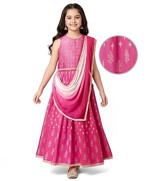 Pine Kids Sleeveless Foil Printed Choli Lehenga Set with Dupatta - Dark Pink