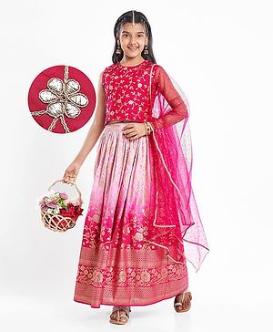 Pine Active Woven Sleeveless Lehenga Choli Set With Sequin Detailing & Floral Embriodery - Pink