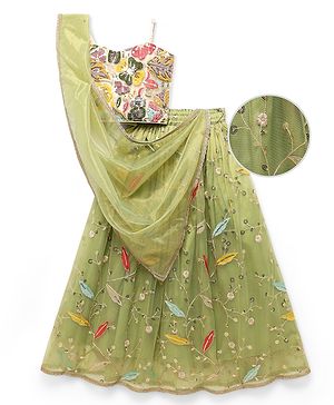 Pine Kids Woven Sleeveless Floral Embroidery Choli Lehenga Set with Dupatta & Sequin Detailing - Light Green