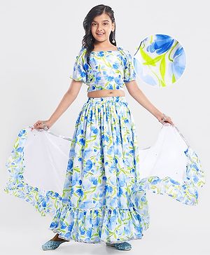 Pine Kids Woven Puffed Sleeves Choli  Lehenga Set & Dupatta with Frill Detailing & Floral Print - White & Blue
