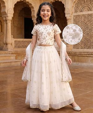 Pine Kids Woven Half Sleeves Floral Sequin Embroidered Choli Lehenga Set with Dupatta - White