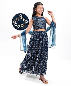 Pine Kids Woven Singlet Sleeves Choli Lehenga Set with Dupatta & Floral Sequin Detailing - Navy Blue