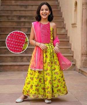 Pine Kids Woven Sleeveless Choli  Lehenga Set & Dupatta with Sequin Design & Floral Print -Limegreen