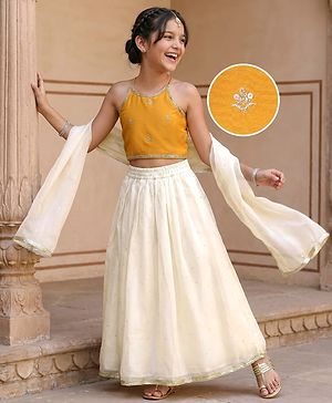 Pine Kids Woven Sleeveless Embroidered Lehenga Choli & Dupatta Set with Sequin & Lace Detailing - Off White & Mustard