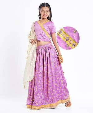 Pine Kids Woven Half Sleeves Floral Sequin Embroidered Choli Lehenga Set with Dupatta - Purple