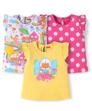 Babyhug Cotton Knit Frill Sleeves T-Shirts with Floral & Animal Print Pack of 3 - White Dark Pink & Yellow
