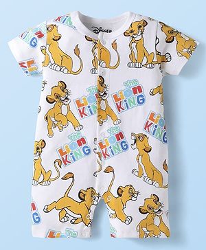 Babyhug Disney Cotton Knit Half Sleeves Front Open Romper with Lion King Graphics - White