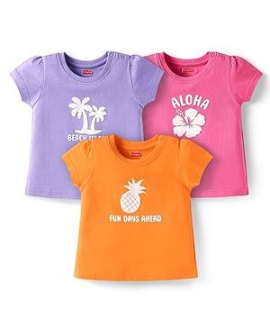 Babyhug Cotton Knit Half Sleeves T-Shirts with Tropical Print Pack of 3 - Lilac & Pink