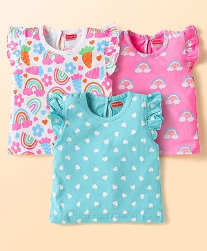 Babyhug Cotton Knit Frill Sleeves T-Shirts With Polka Dot & Tropical Print Pack 3 - Pink & Light Blue