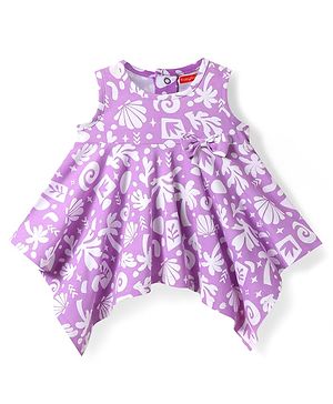 Babyhug Cotton Knit Sleeveless Top With Floral Print With Bow Applique - Purple
