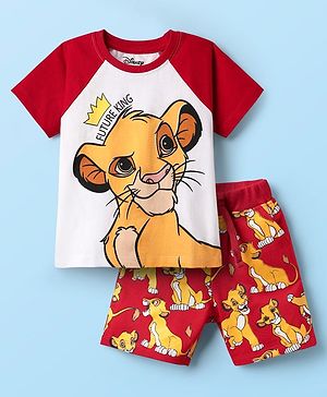 Babyhug Disney Single Jersey Knit Half Raglan Sleeves T-Shirt & Shorts Set With Lion King Graphics - White & Red
