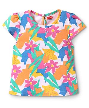 Babyhug Cotton Knit Half Sleeves  T-Shirt with Floral Print - White