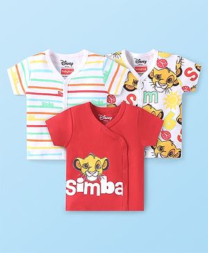 Babyhug Disney Cotton Knit Half Sleeves Jhablas with Lion King Graphics & Stripes Pack of 3 - Red & White