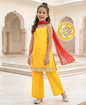 Pine Kids Woven Singlet Sleeves Floral Sequin Embroidered Kurta & Salwar Set with Dupatta - Mustard