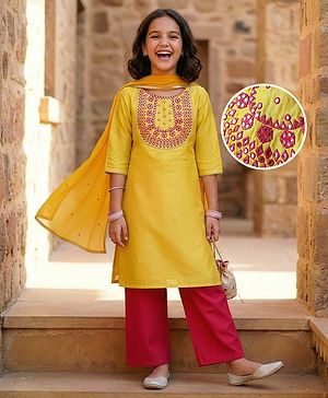 Pine Kids Woven Three Fourth Sleeves Kurta Salwar Set With Embroidery Detailing & Dupatta - Mustard
