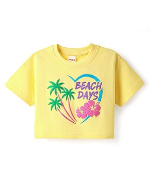 Babyhug Cotton Knit Half Sleeves Drop Shoulder T-Shirt with Beach Theme Text Print - Yellow