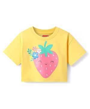 Babyhug Cotton Knit Half Drop Shoulder Sleeves T-Shirt with Strawberry Print - Yellow