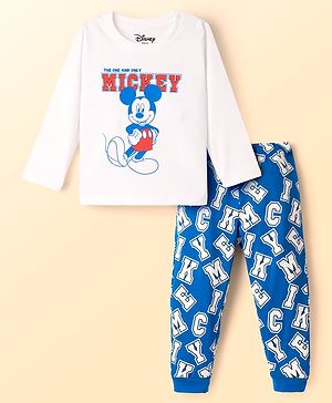 Babyhug Disney Single Jersey Knit Full Sleeves Night Suit with Mickey Mouse Graphics - Blue & White