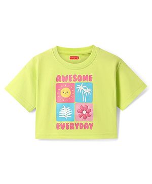 Babyhug Cotton Knit Half Drop Shoulder Sleeves T-Shirt with Tropical Theme Print - Light Green