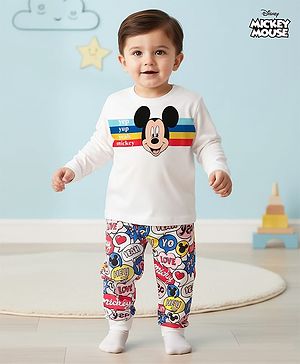 Babyhug Disney Single Jersey Knit Full Sleeves Night Suit with Mickey Mouse Graphics - White