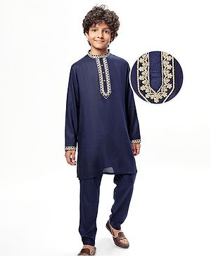Pine Kids Woven Full Sleeves Kurta Pyjama Set With Lace Detailing - Navy Blue