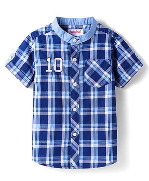 Babyhug Cotton Woven Half Sleeves Shirt With Mandarin Collar & Check - Navy Blue