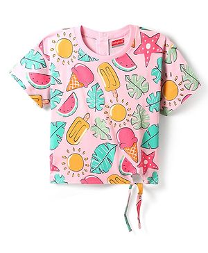 Babyhug Cotton Knit Half Sleeves T-Shirt with Tropical Print & Knot Detailing Print - Pink
