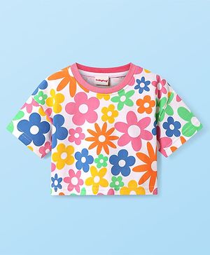 Babyhug Terry Knit Half Drop Shoulder Sleeves T-Shirt with Floral Print - White