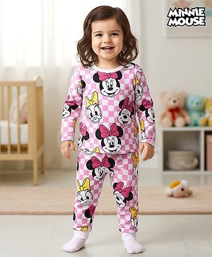 Babyhug Disney Single Jersey Knit Full Sleeves Co-ords Night Suit With Minnie Mouse Print - Pink