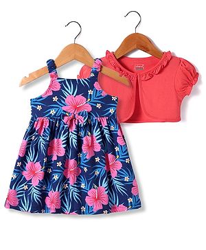 Babyhug Single Jersey Knit Frock & Half Sleeves Shrug With Floral Print - Navy Blue & Pink