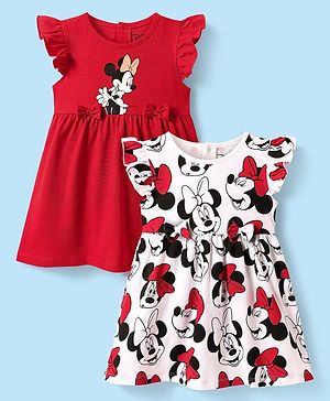 Babyhug Disney Cotton Knit Frill Sleeves Frocks with Minnie Mouse Graphics Pack of 2 - Red & White