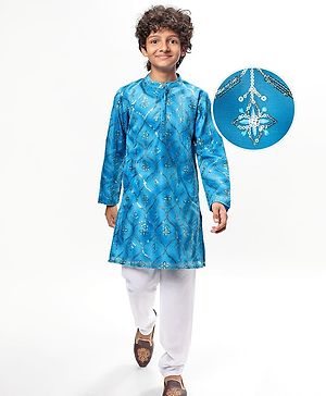 Pine Kids Woven Full Sleeves Kurta Pyjama Set With Sequin Detailing - Blue