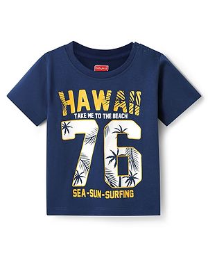 Babyhug Cotton Knit Half Sleeves T-Shirt with Beach Theme Print - Navy Blue