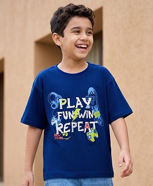 Pine Kids Cotton Knit Half Sleeves T-Shirt with Text Print - Navy Blue