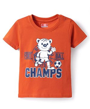 Babyhug Cotton Knit Half Sleeves T-Shirt with Champs Text  Print - Rust Orange