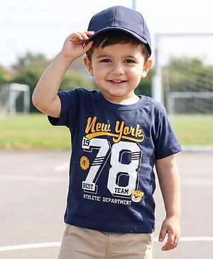 Babyhug Cotton  Knit Half Sleeves T-Shirt With Newyork Text Print - Navy Blue