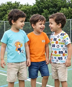Babyhug Cotton Knit Half Sleeves T-Shirts with Sports Theme Print Pack of 3 - Orange White & Aqua Blue