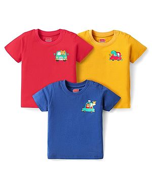 Babyhug Cotton Knit Half Sleeves T-Shirts With Animal & Vehicle Print Pack Of 3 - Red & Blue