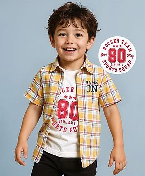 Babyhug Cotton Knit Half Sleeves Checks Shirt & Sleeveless Tank T-Shirt with Gaming Text Print - Yellow & White