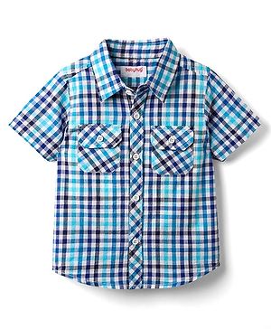 Babyhug Cotton Woven Half Sleeves Checkered Shirt - Light Blue
