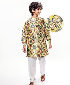 Pine Kids Woven Full Sleeves Kurta & Pajama Set with Floral Print -Mustard