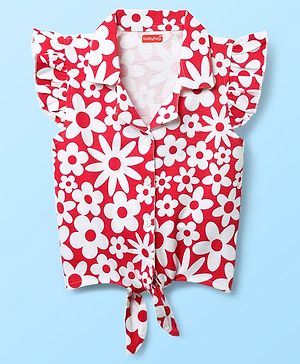 Babyhug Cotton Knit Frill Sleeves Knotted Top with Floral Print - Red