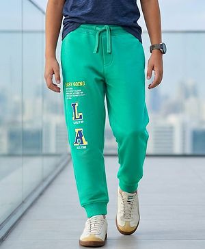 Pine Kids Knit Full Length Lounge Pant With Text Print - Sea Green